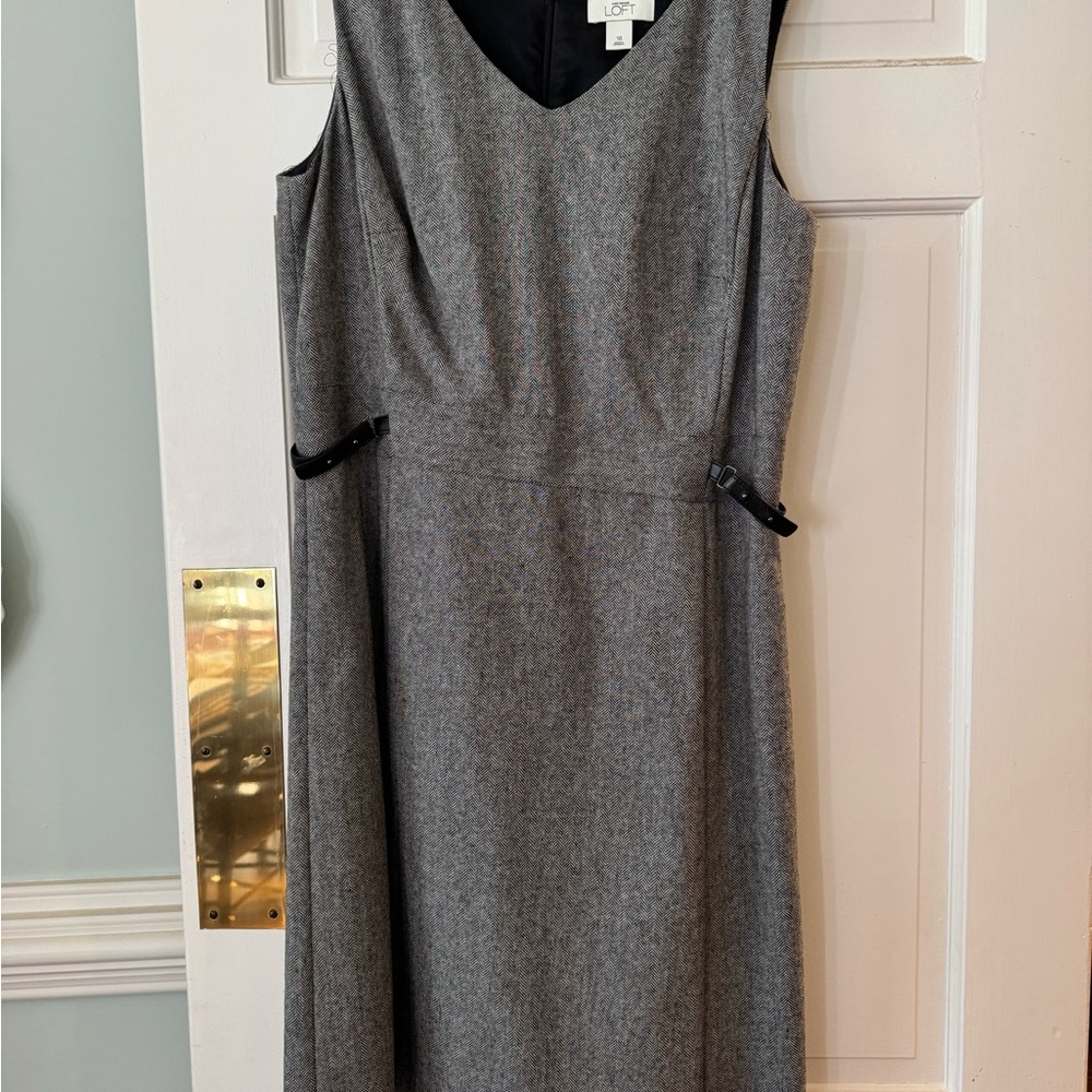 LOFT Gray Midi Dress with Black Trim